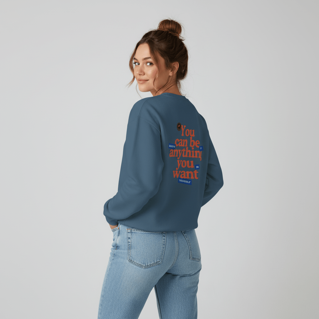 Back view of indigo blue crewneck sweatshirt with bold “You can be anything you want” motivational graphic