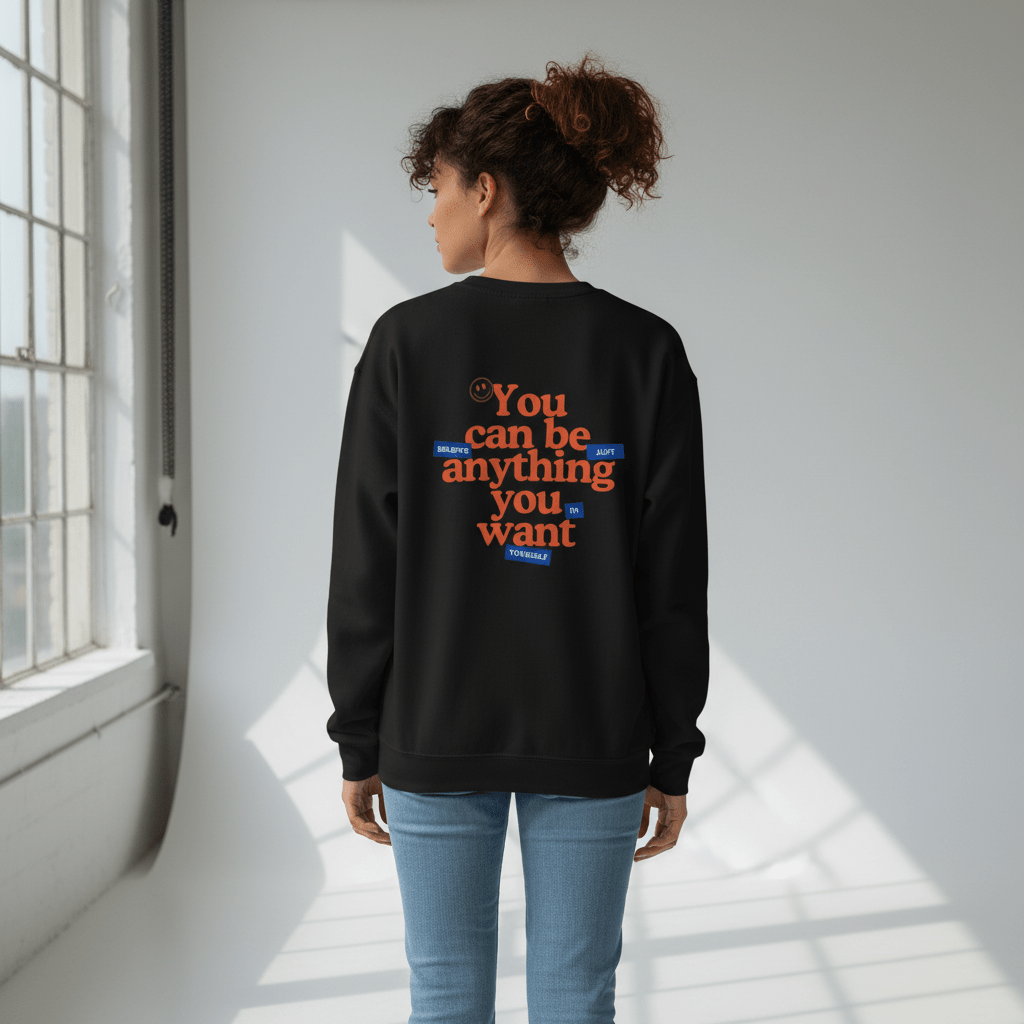 back view ofl women’s crewneck featuring “You can be anything you want” text design for encouragement
