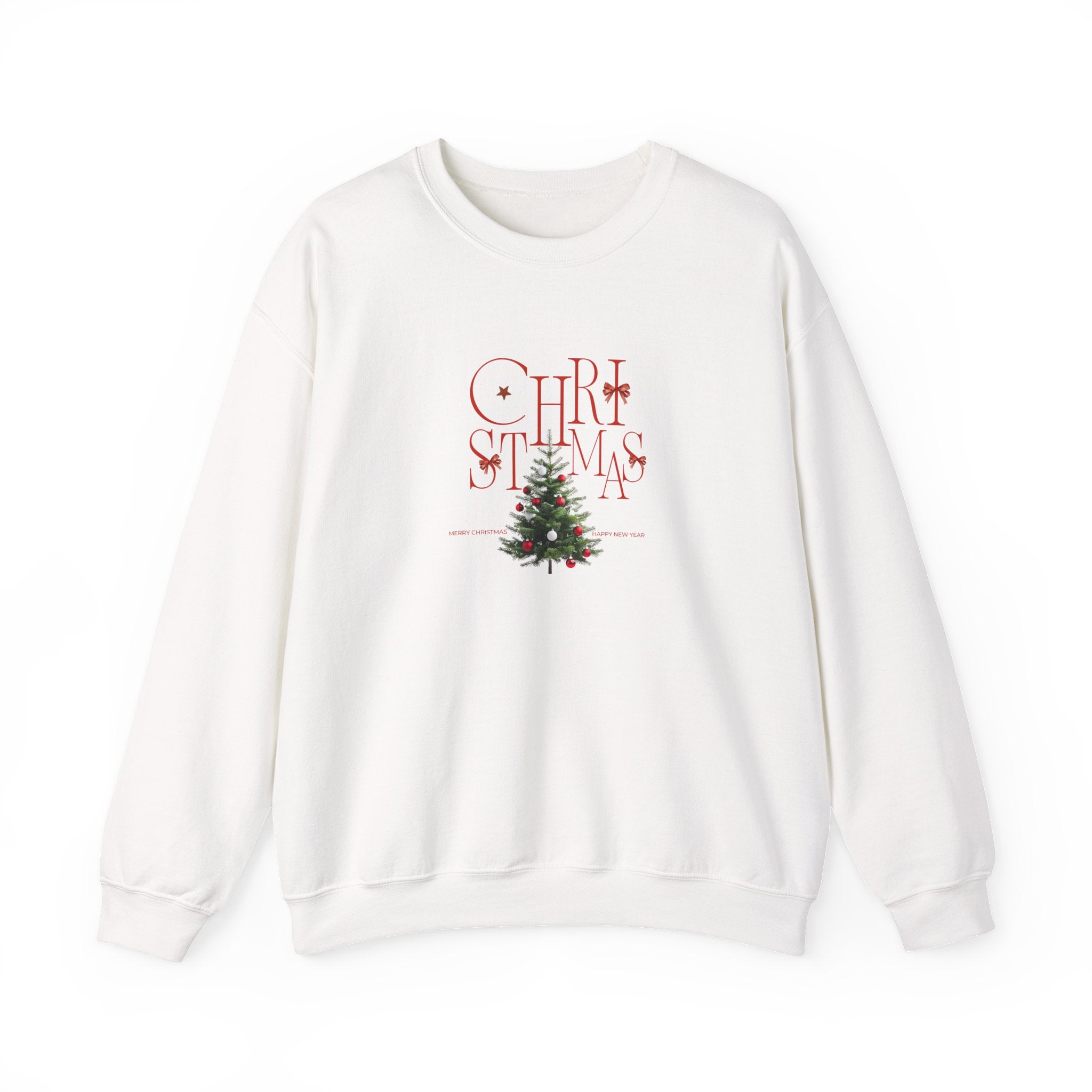front view of Christmas tree graphic white sweatshirt with red holiday lettering.
