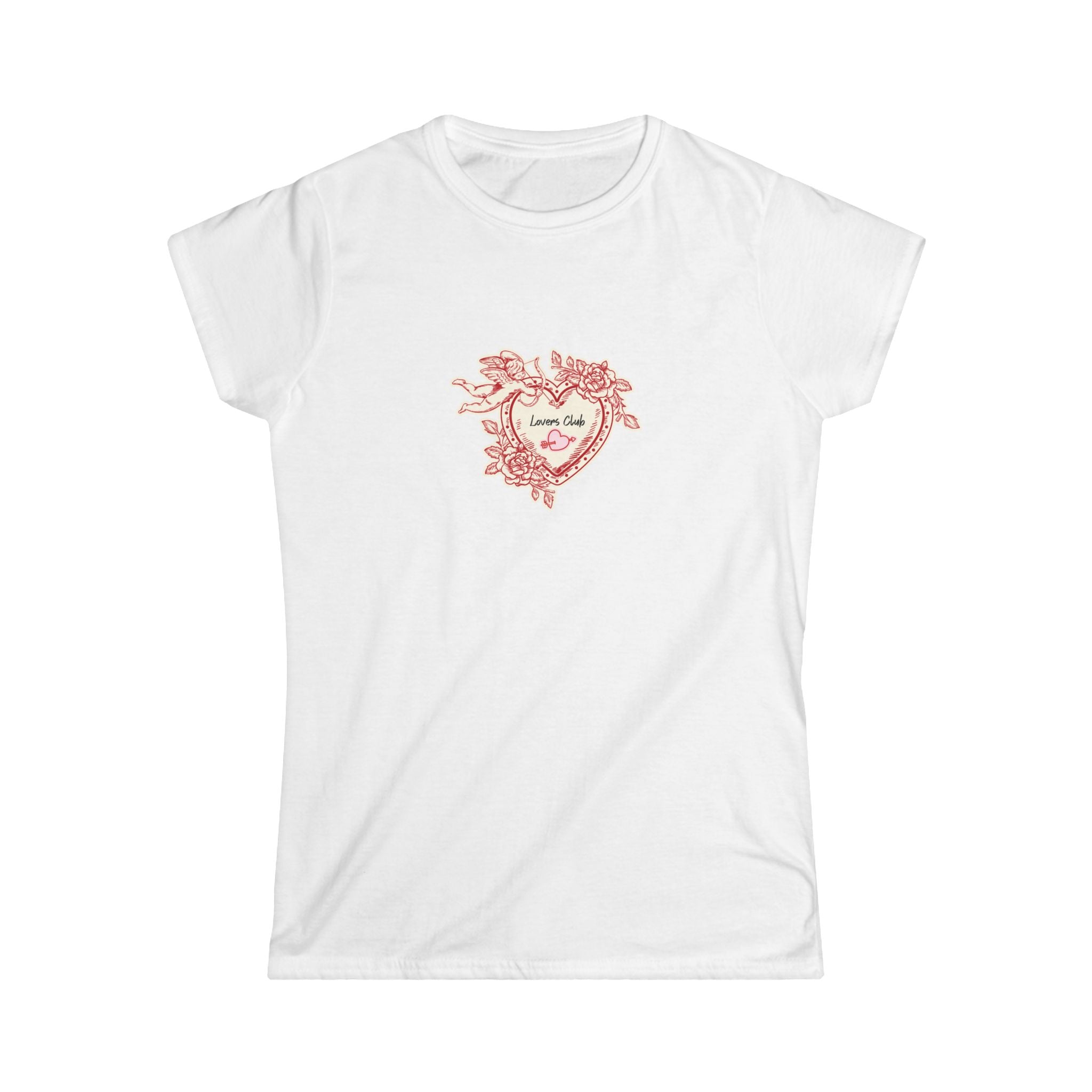 Cupid’s Heart Women’s Soft-style white Tee with heart cupid illustration on the front