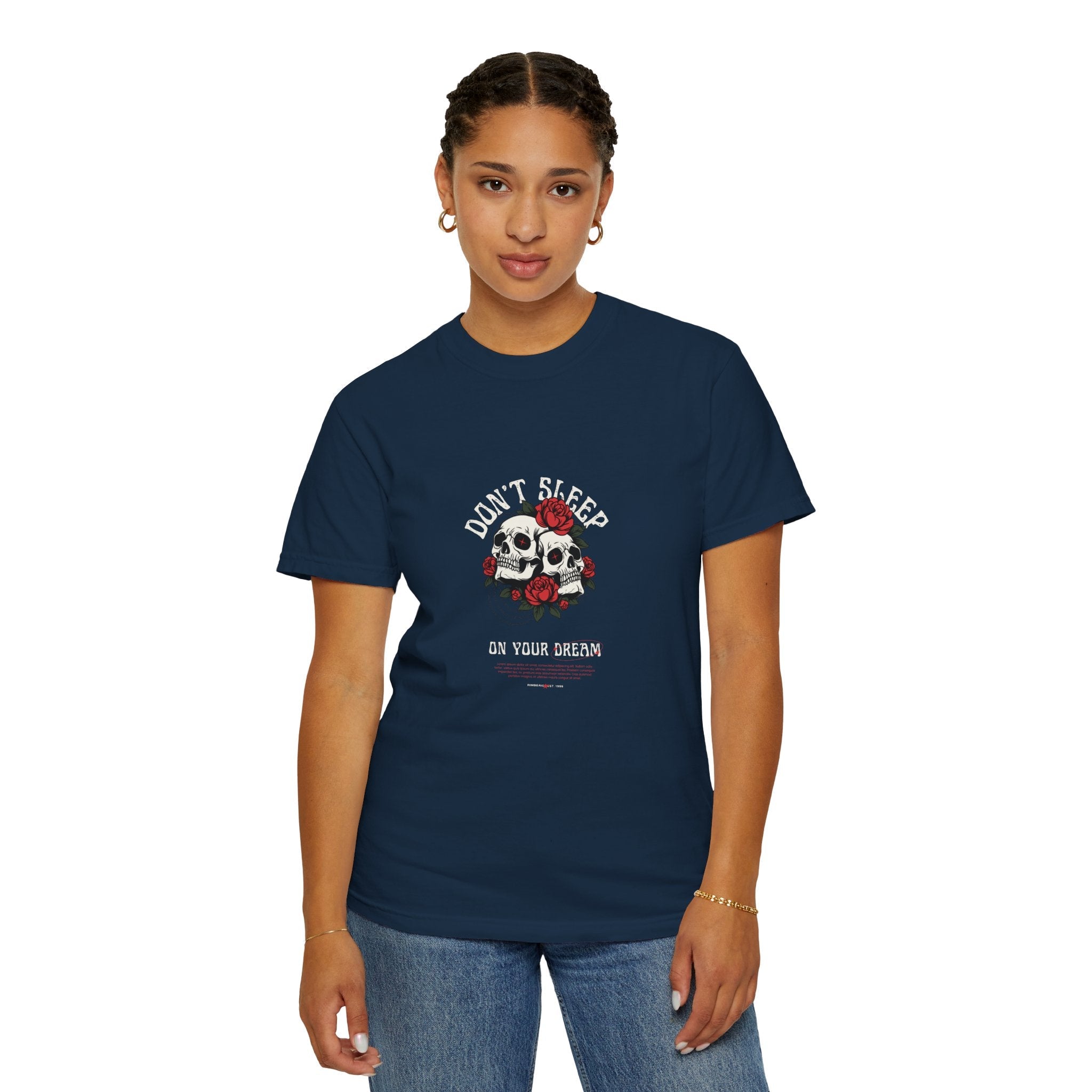 Front view of a “Don’t Sleep on Your Dreams” motivational graphic Navy T-shirt