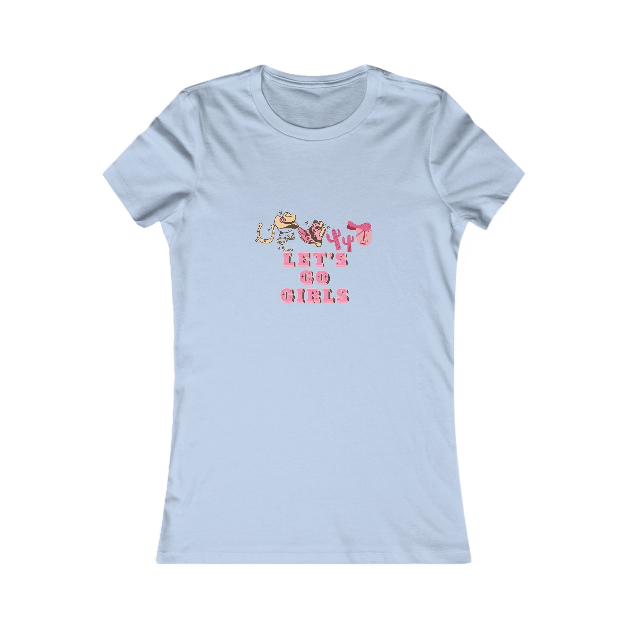 Women’s Let’s Go Girls Cowgirl baby blue T-Shirt front chest western graphic. 