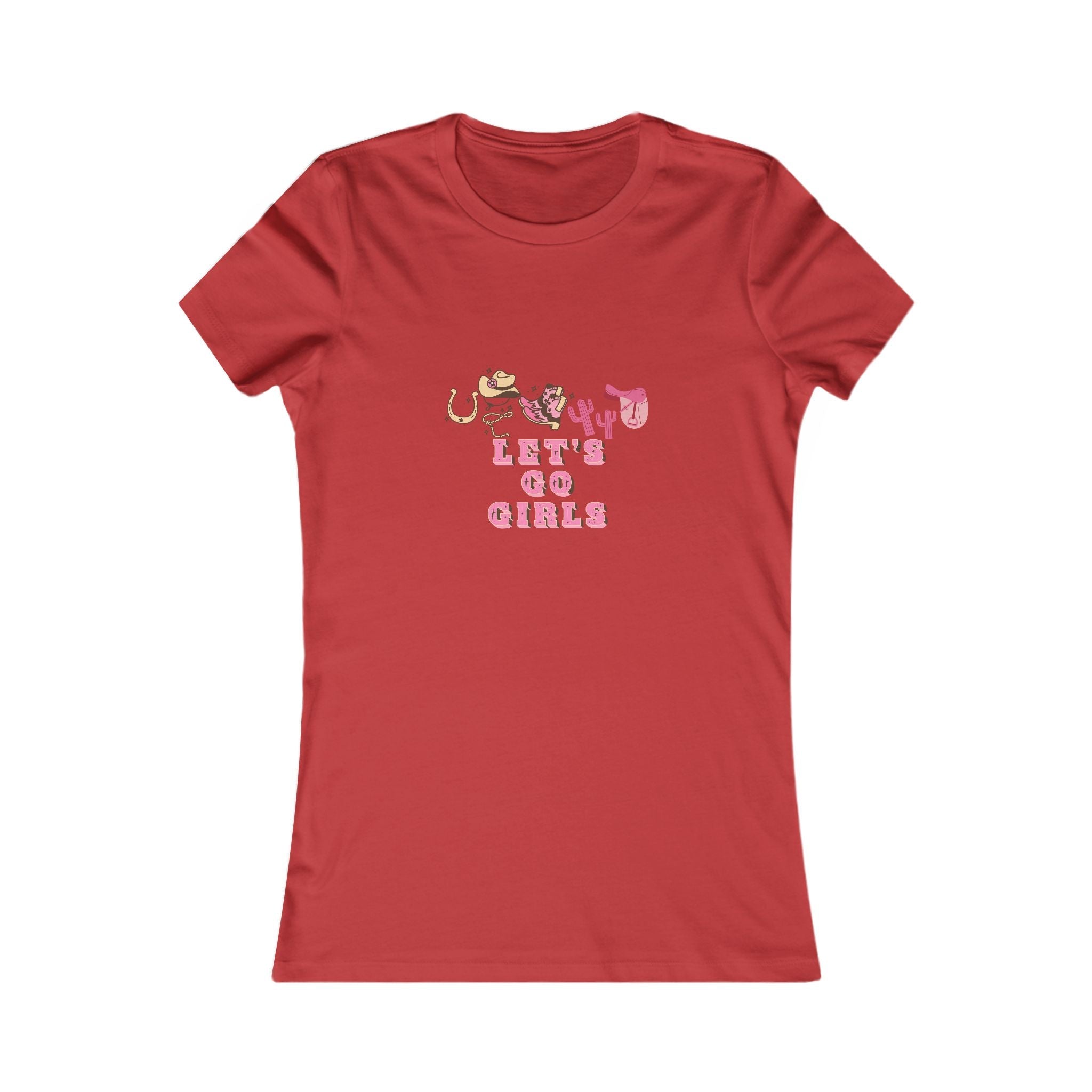 front view of Women’s cotton Let’s Go Girls red T-Shirt featuring western cowgirl designs