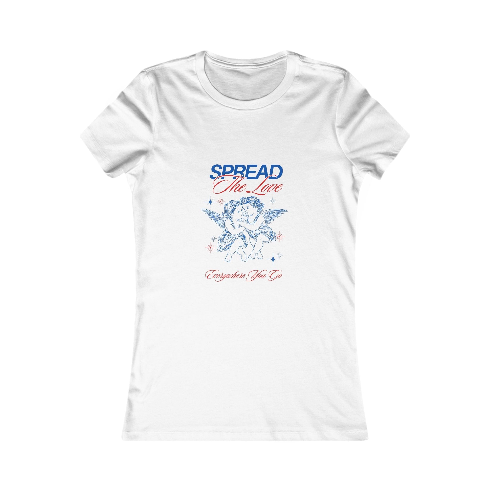 front view of Spread the Love Women's Favorite white Tee with couple cupid illustration 