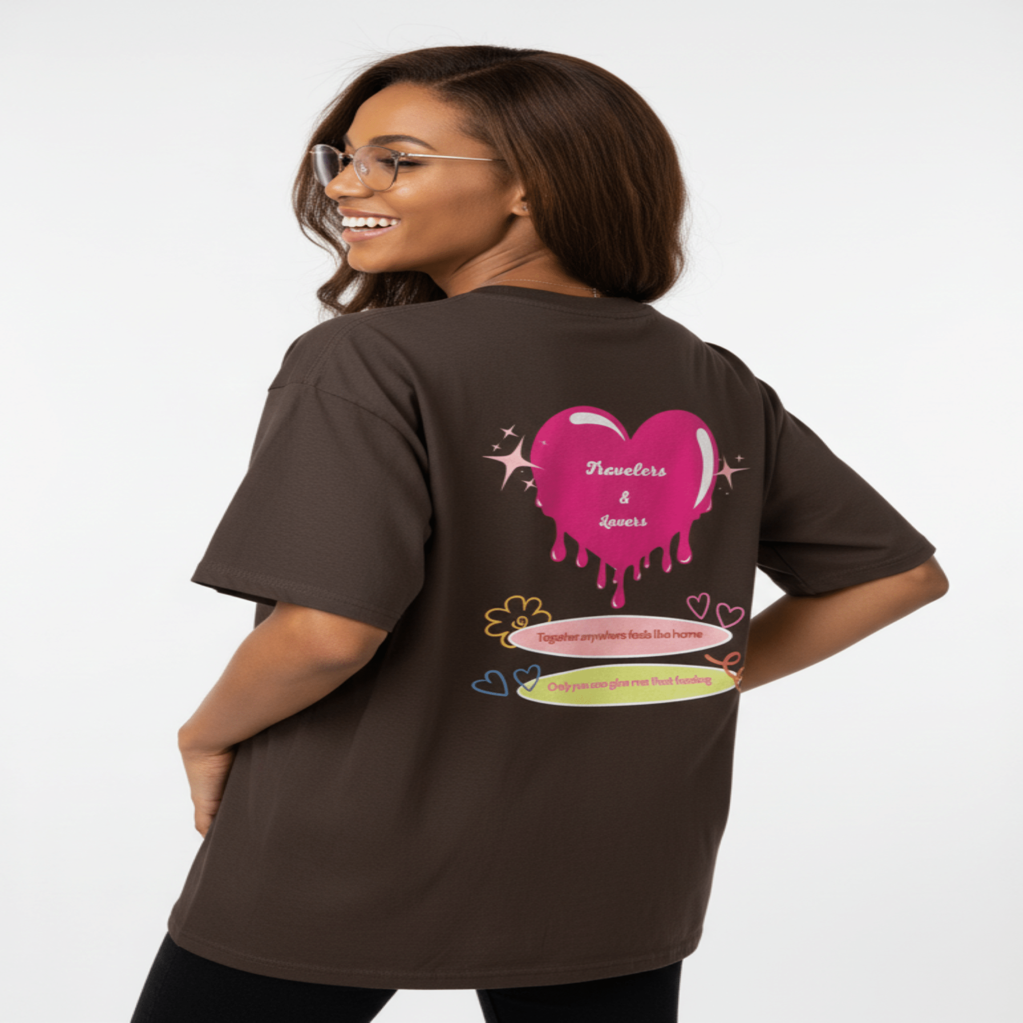 Travelers & Lovers Cute Heart Graphic dark chocolate T-Shirt