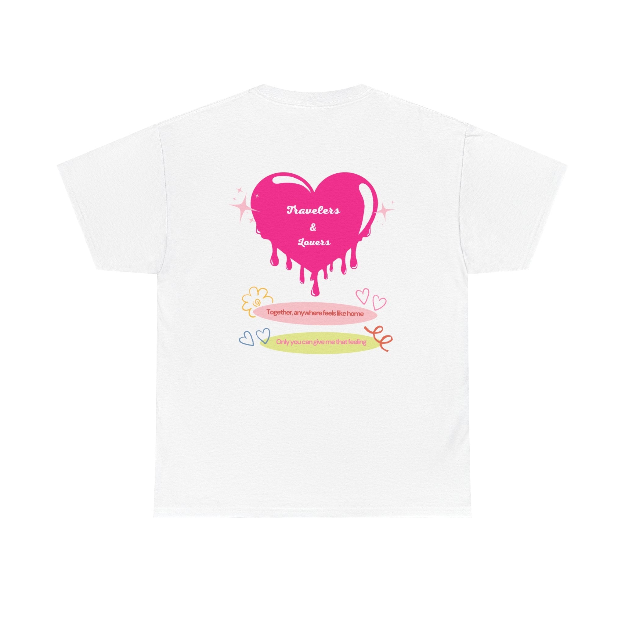 white Travelers & Lovers Cute Heart Graphic with romantic quote on the back  