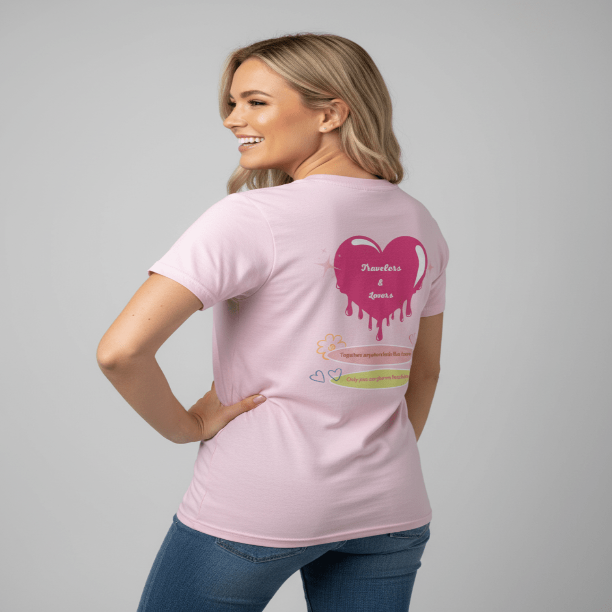 back view of pink Travelers & Lovers Cute Heart and flower Graphic T-Shirt