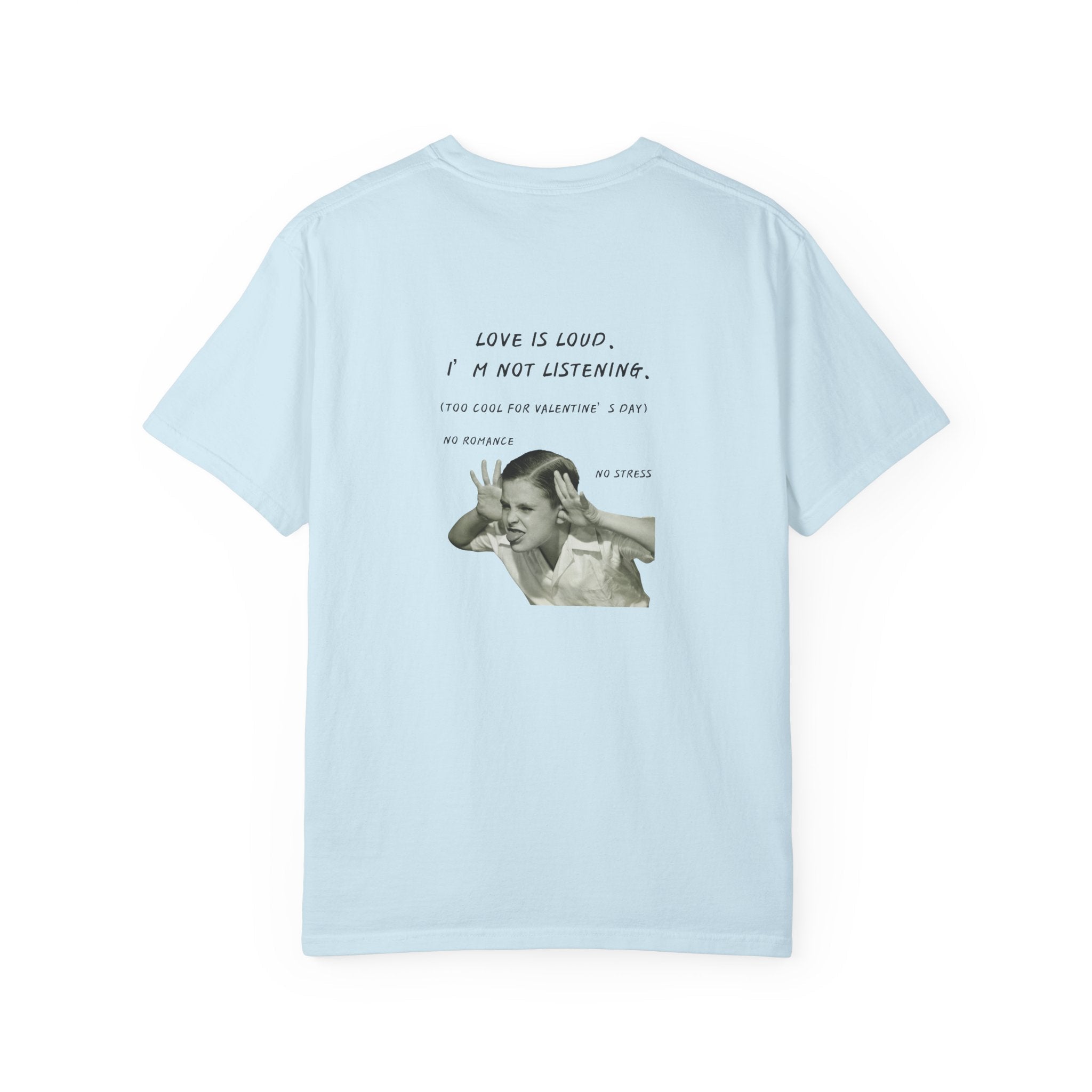 Back view of a unisex chambray T-shirt with a “Love Is Loud” boy illustration graphic