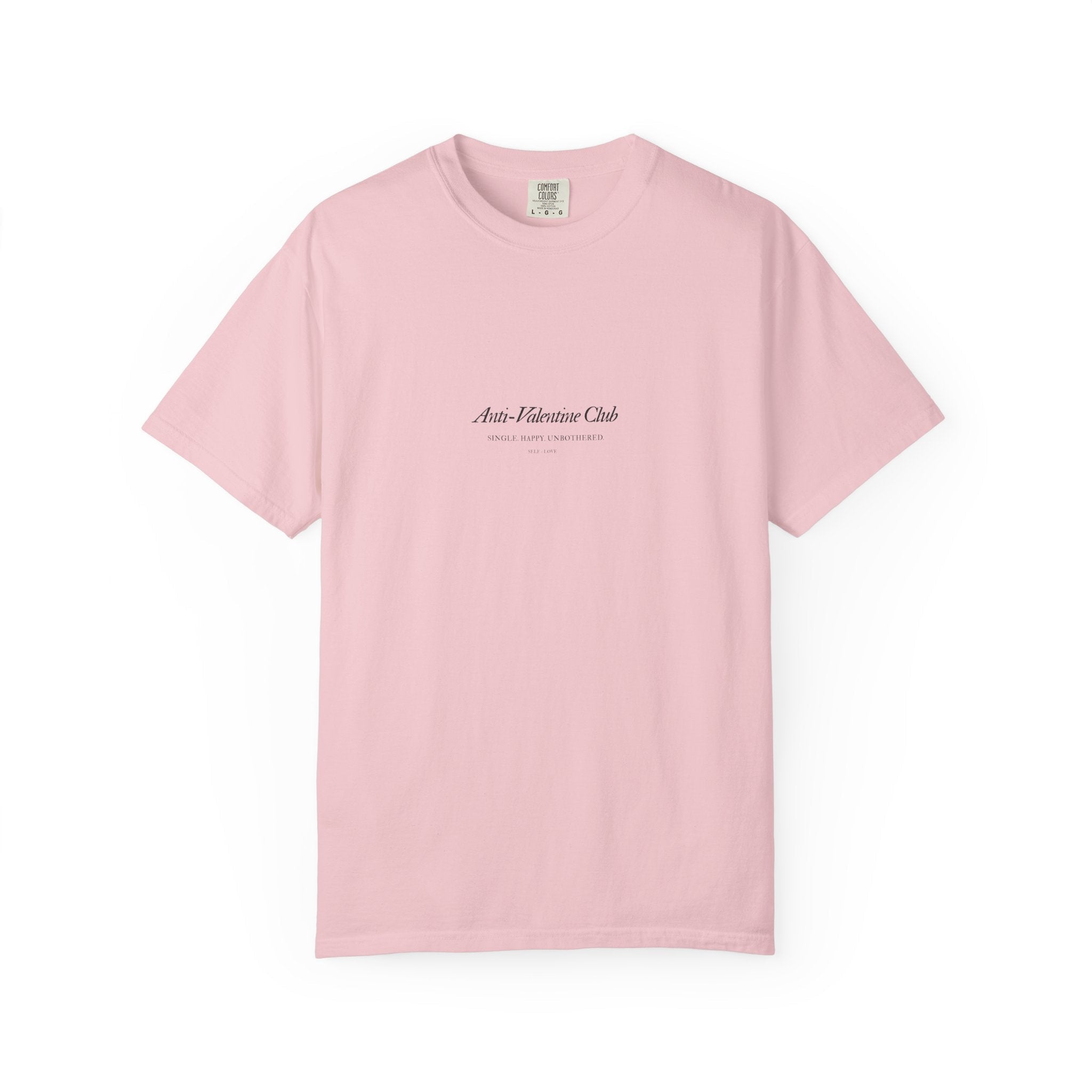 front view of a women’s blossom T-shirt with “Anti-Valentine Club” lettering for casual wear